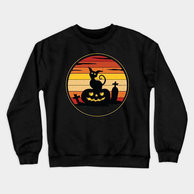 Halloween Cat in Graveyard Jack o Lantern Retro Sunset Crewneck Sweatshirt by CoffeeandTeas